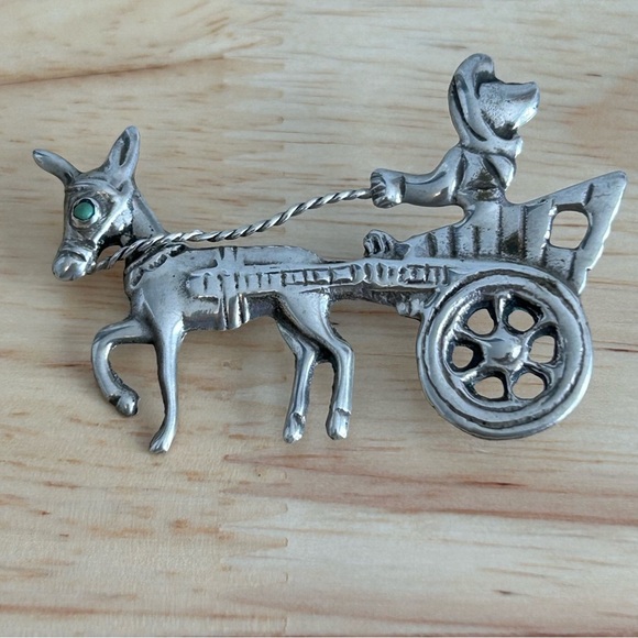 Vintage Mexican Silver 925 Donkey and Cart Pin with GenuineTurquoise Eye - Picture 5 of 10